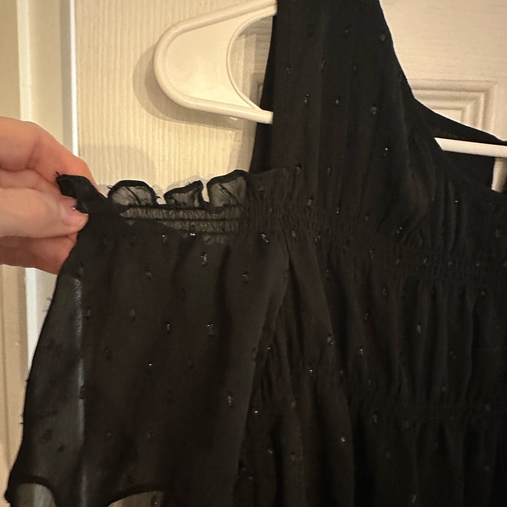 Michael Kors Black Asymmetrical Ruched cold shoulder sparkle shirt